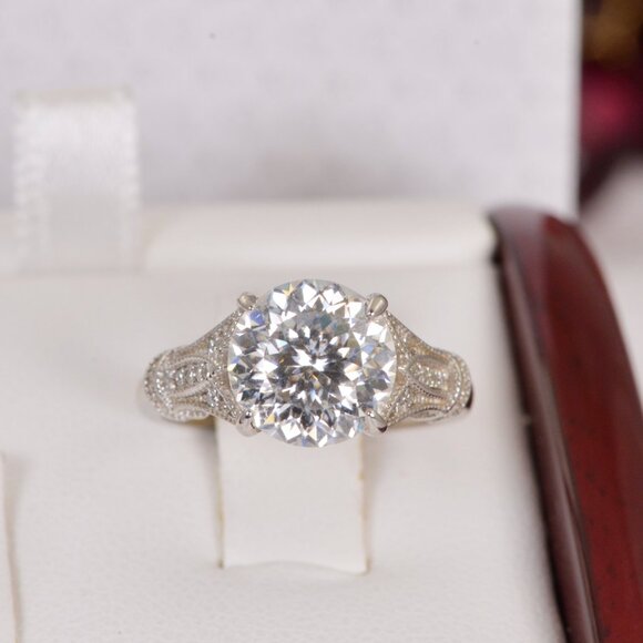 3ct Certified Moissanite Engagement Ring Russian Cut Vintage Style - Picture 3 of 6